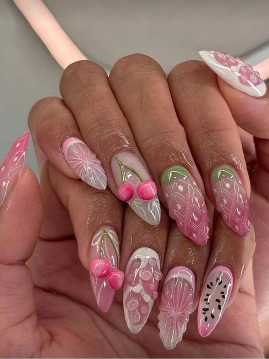 Other - 3D Pink Cherry Stiletto Press on Nails with White & Green Accents